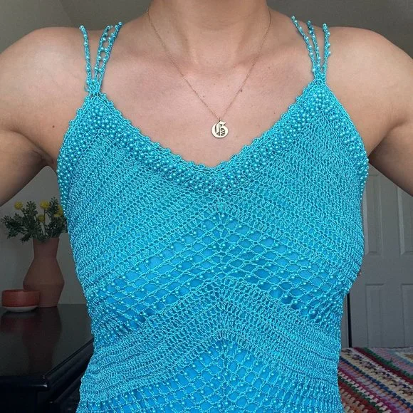 SOLD! 90s/ Y2K Beaded Blue Boho Tank Top with Fringe - Picture 2 of 8